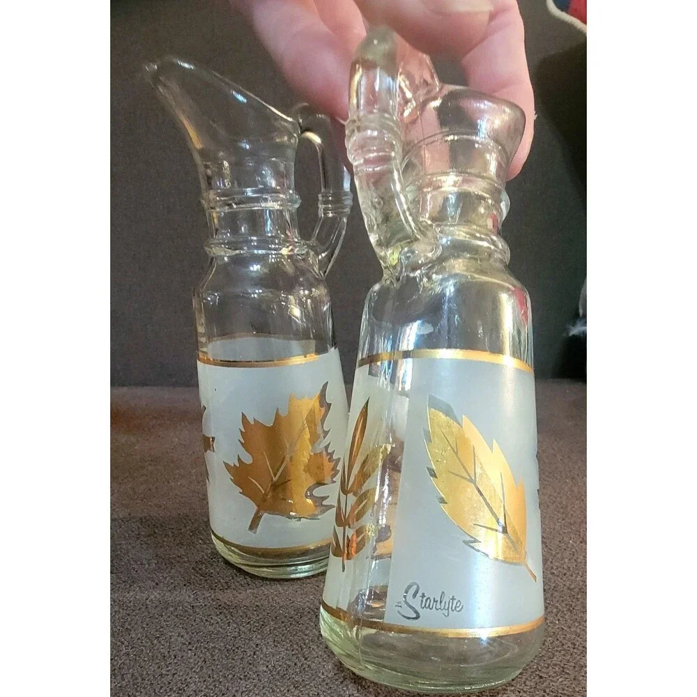 VTG Mid-Centry Frosted Cruet Oil Vinegar Set Gold Leaves Anchor Hocking Starlyte
